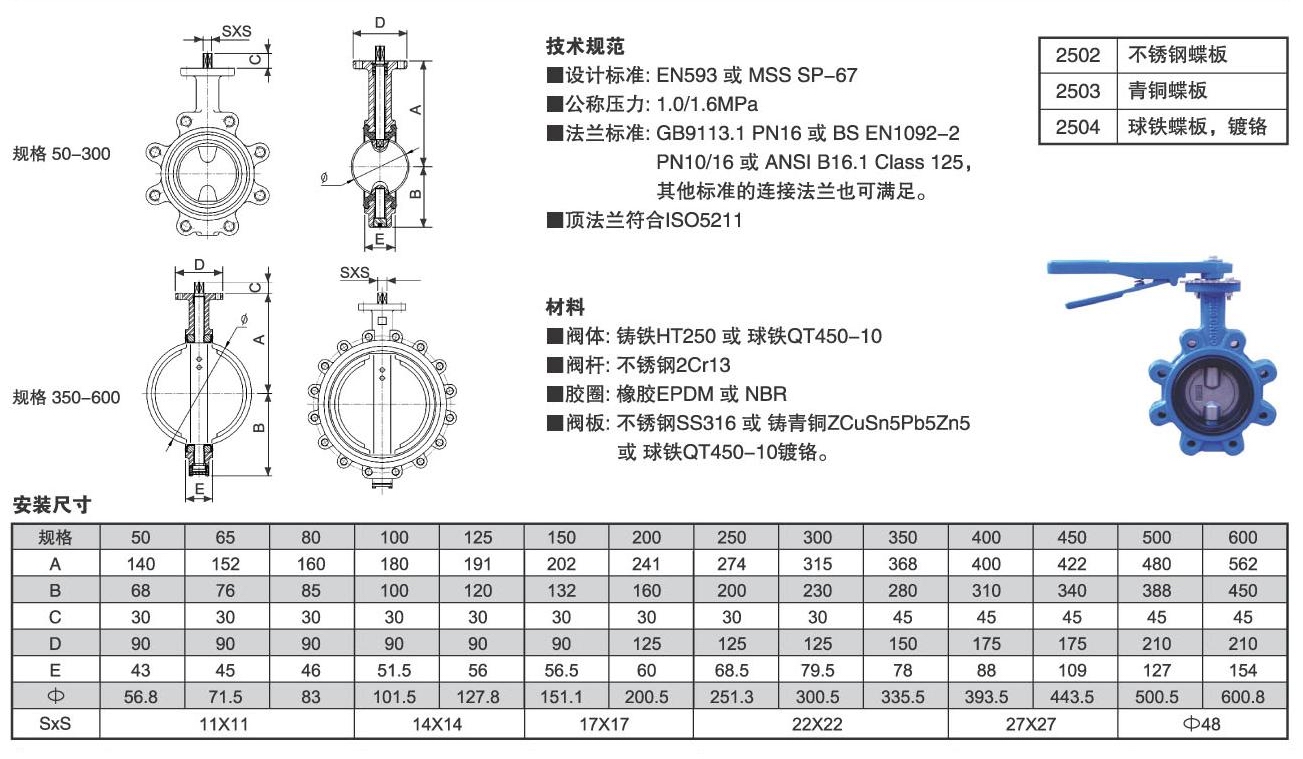 D371X對(duì)夾式凸耳蝶閥外形結(jié)構(gòu)尺寸圖 D371X對(duì)夾式凸耳蝶閥(圖1)