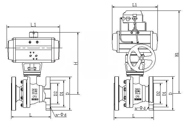 Q641F46氣動(dòng)襯氟球閥外形結(jié)構(gòu)圖 Q641F46氣動(dòng)襯氟球閥(圖1)