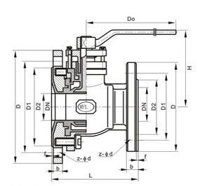 FQ41F46襯氟放料球閥外形結(jié)構(gòu)圖 FQ41F46襯氟放料球閥(圖1)