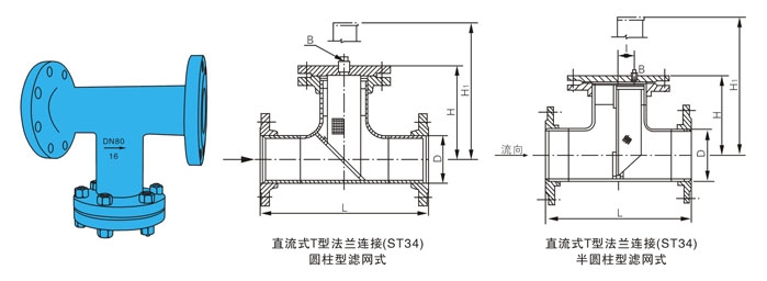 直通式T型過濾器直流式外形結(jié)構(gòu)圖 ST34直通式T型過濾器(圖5)