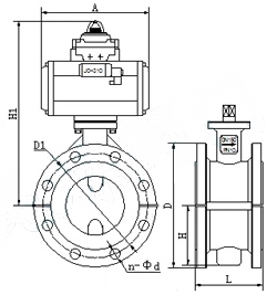 D641F46氣動法蘭襯氟蝶閥外形結(jié)構(gòu)圖 D641F46氣動法蘭襯氟蝶閥(圖1)