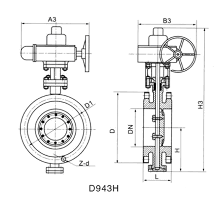D943H電動(dòng)法蘭硬密封蝶閥外形結(jié)構(gòu)圖 D943H電動(dòng)法蘭硬密封蝶閥(圖1)