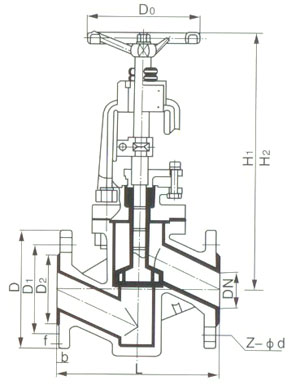 J41F46襯氟截止閥外形結(jié)構(gòu)圖 J41F46襯氟截止閥(圖1)