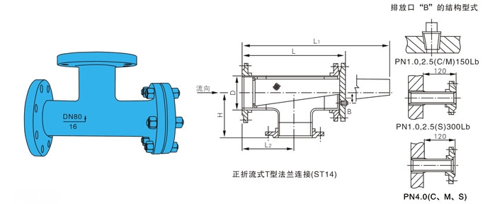 T型蒸汽過濾器正折流外形結(jié)構(gòu)圖 SRT-T型蒸汽過濾器(圖6)