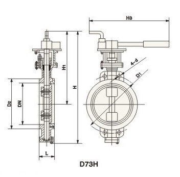 D73H對夾式硬密封蝶閥外形結(jié)構(gòu)圖 D73H對夾式硬密封蝶閥(圖1)
